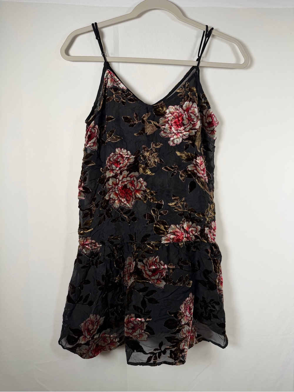 AEO Whimsgoth Fairygrunge Black Floral Velvet Mini Dress with Pink‎ Roses